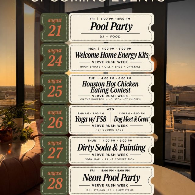 residents, your august plans just made themselves 🤝

we’re kicking things off with a rooftop pool party, then heading straight into VERVE Rush Week with energy kits, hot chicken, yoga, pups, dirty sodas, painting + one very neon pool party ✨

save this post, grab your people, and RSVP on the VERVE app. we’ll see you there 👀