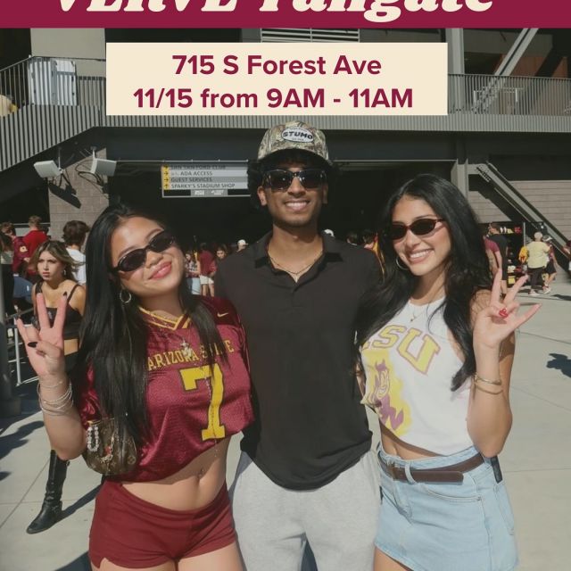 VERVE Tailgate happening this Saturday (11/15) 9AM-11AM 🏈 

meet us at 715 S Forest Ave 📍 for the best damn event in Tempe! 

what’s the move? 
🔱 FREE open bar (21+) 
🔱 FREE Chick-fil-A breakfast 
🔱 ASU face painting 
🔱 DJ by @ryancbrewster 
🔱 Gameday Bag Station 
🔱 Flip cup + Cup Pong 

+ get entered to win a signed football by Cam Skattebo @sk4ttp4ck and a VERVE gameday cooler 🤝
