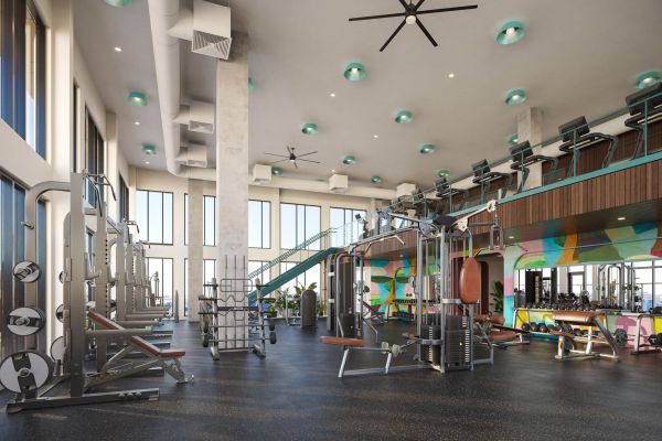 Expansive fitness center at VERVE Tempe featuring state-of-the-art gym equipment, high ceilings, large windows for natural light, and a mezzanine level for additional workout space.